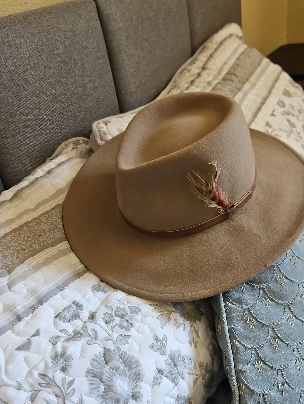 Men's Taupe Felt Fedora Hat with Leather Band and Feather Accent